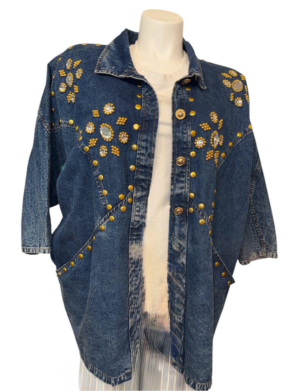 Vintage Pret Embellished Dark Blue Denim Jacket with Gold Accents